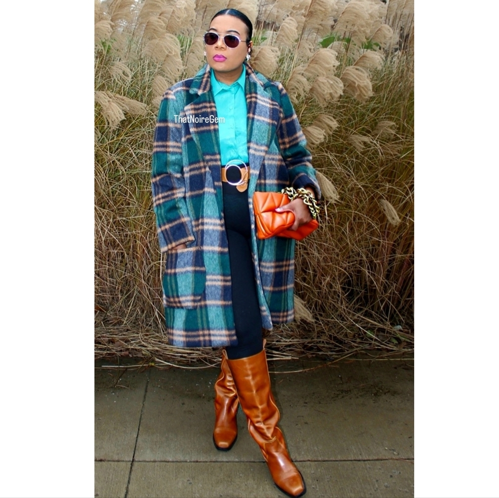 Plaid Green Brown Women Jacket Coat - Picture 3 of 3